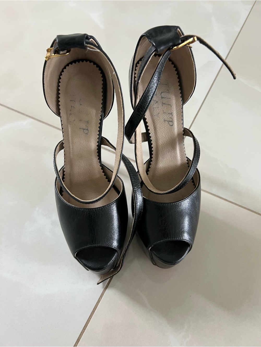 Women's Black Peep-Toe Ankle-Strap Heels